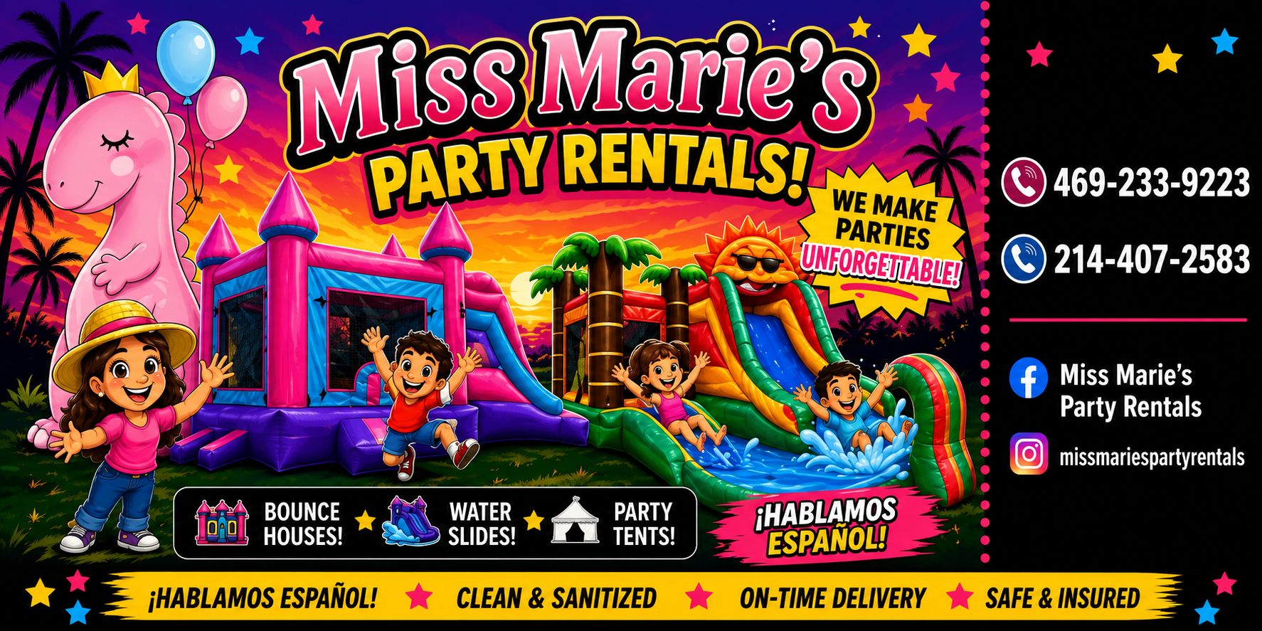 Miss Marie Party Rentals promotional flyer with bounce houses, water slides, and happy kids